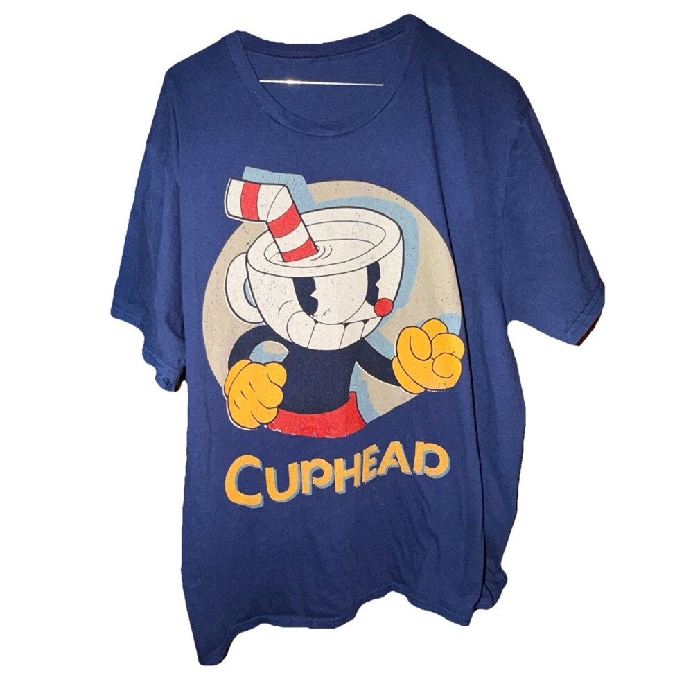 Cuphead T-Shirt Adult L /XL Blue Mens Cotton Graphic Tee Studio 23” Pit To Pit